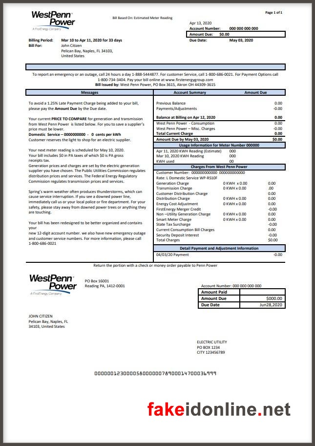 West Penn Power - Pennsylvania Utility Bill Template